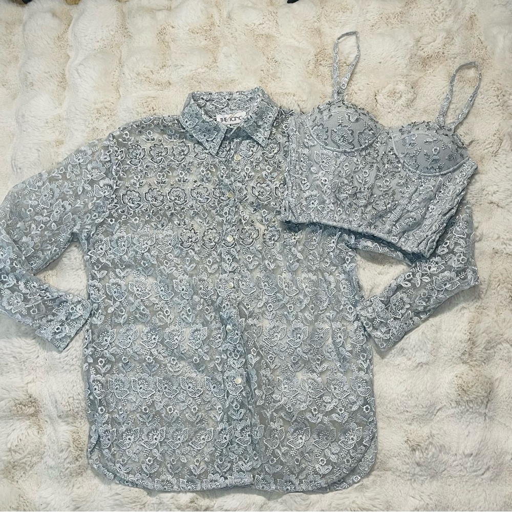 The Icing Vintage 90’s Silver Floral Lace Beaded Bustier Blouse 2 Pc Set